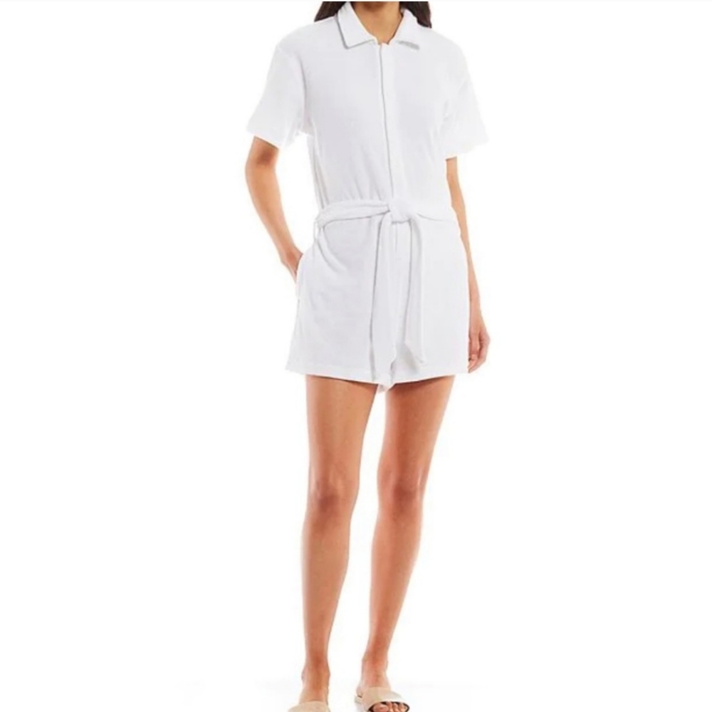 Gianni BiniElisa Terry Cloth Point Collar Short Sleeve Tie Belt Romper Sz M